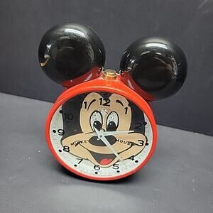 Vintage Bradley Mickey Mouse Alarm Clock Wind-Up Red, Ears, Germany Disney Rare